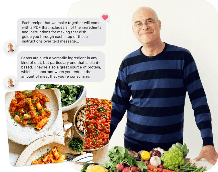 A picture showing Mark Bittman in front of a counter with vegetables on top.